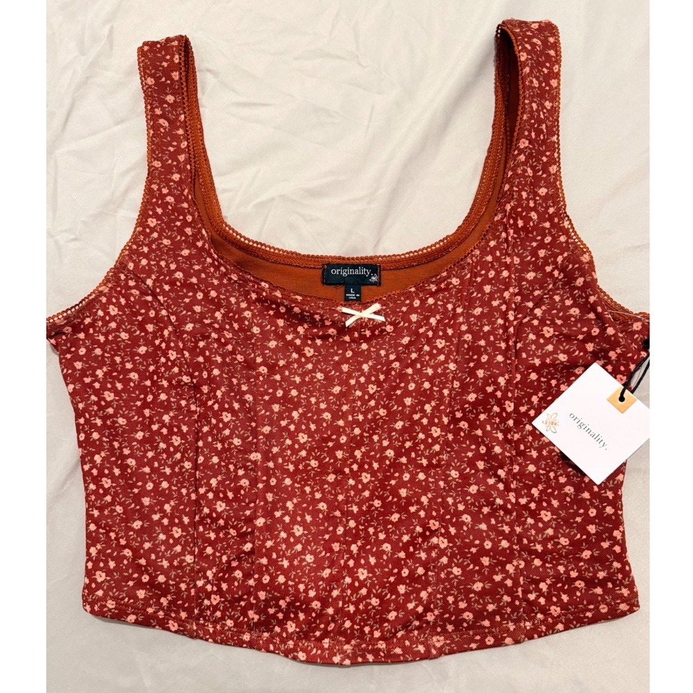 Originality Womens Rust Floral Mesh Corset Tank Top Ditsy Cami NWT Large